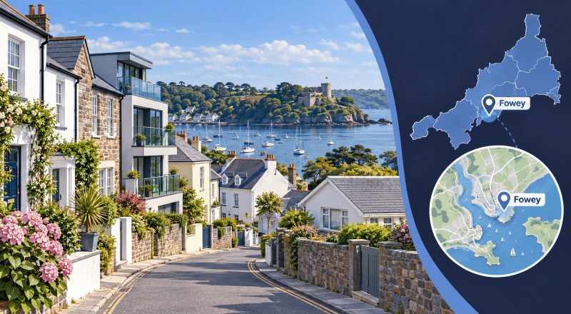 Mortgage Broker in Fowey with Cornwall map, location pin and coastal homes