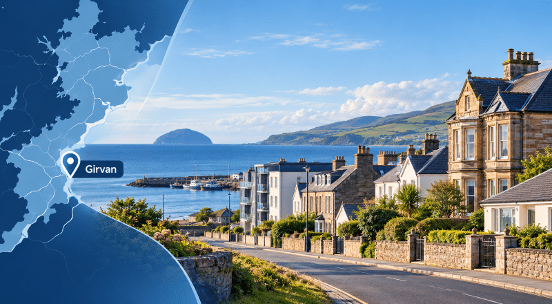 Mortgage Broker in Girvan hero image showing a coastal street scene, local property types, a map of Girvan, and a location pin in Ayrshire