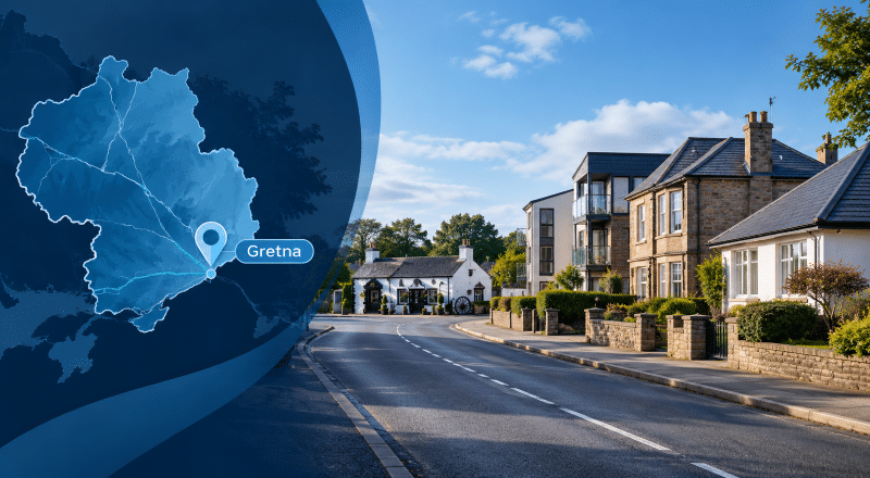 Mortgage Broker in Gretna hero image showing a Gretna street with traditional and modern homes, the historic Gretna Green Blacksmith’s Shop, and a branded location map with pin.