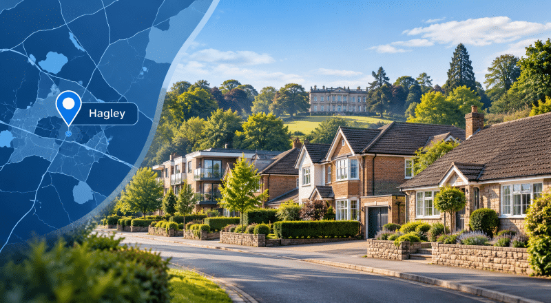 Mortgage Broker in Hagley hero image showing a blue location map and pin for Hagley, with a residential street, varied local property styles and Hagley Hall in the background.