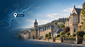 Mortgage Broker in Hawick hero image showing Hawick’s historic stone properties, townscape and location map with a Hawick pin.