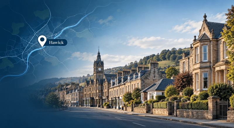 Mortgage Broker in Hawick hero image showing Hawick’s historic stone properties, townscape and location map with a Hawick pin.