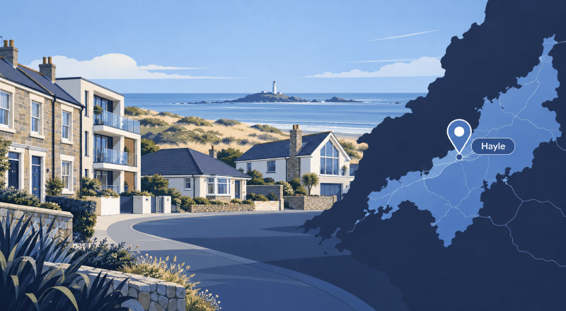 Mortgage Broker in Hayle hero image showing a stylised map of Cornwall with Hayle marked, coastal homes, sandy dunes and the nearby lighthouse in branded dark and light blue tones.