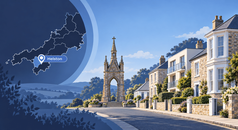 Mortgage Broker in Helston hero image showing a map of Cornwall with Helston marked, the Grylls Monument, and a street scene with varied homes in Helston