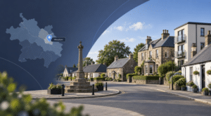 Mortgage Broker in Houston hero image showing a map of Houston in Renfrewshire with a location pin, alongside a quiet village street featuring a mix of local properties and a traditional landmark.