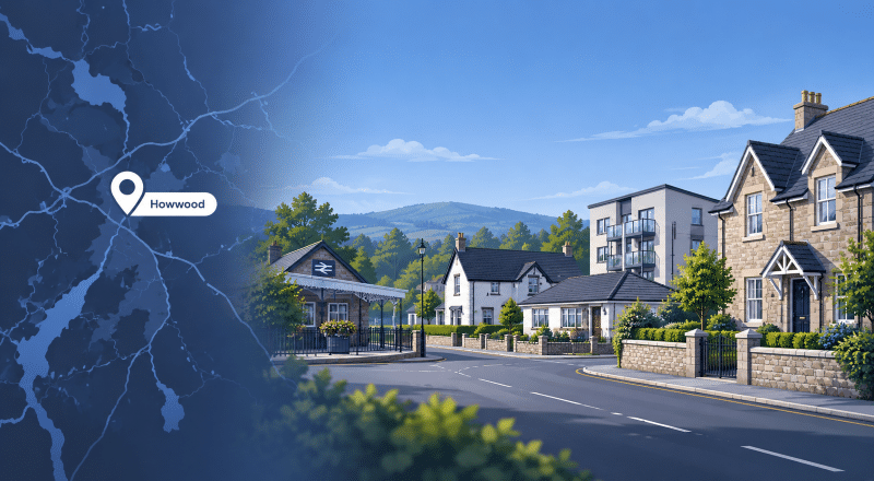Mortgage Broker in Howwood hero image showing a map marker for Howwood beside a quiet Renfrewshire street with mixed property types and a local station setting.