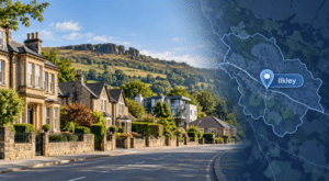 Mortgage Broker in Ilkley hero image featuring Yorkshire stone homes, Ilkley Moor and the Cow and Calf Rocks, with an Ilkley location map and pin.