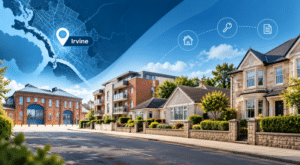Mortgage Broker in Irvine KA11 hero image showing a street scene with mixed property types, a map of Irvine, a location pin labelled Irvine, and a landmark inspired by Irvine’s maritime heritage in Ayrshire.