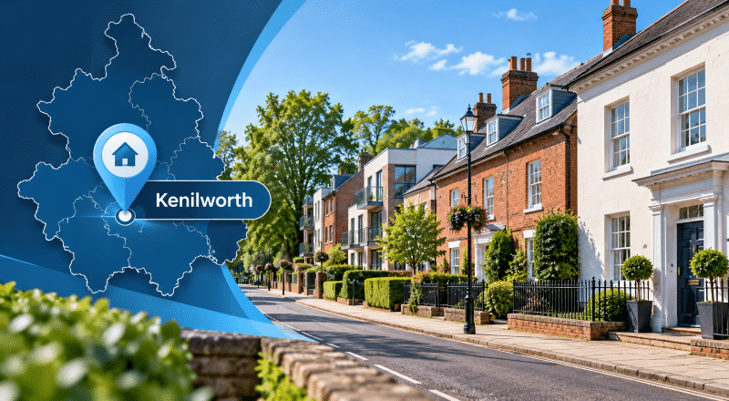 Mortgage Broker in Kenilworth hero image showing a Kenilworth location pin on a map beside a quiet residential street with a mix of period homes and modern apartments in branded blue tones.