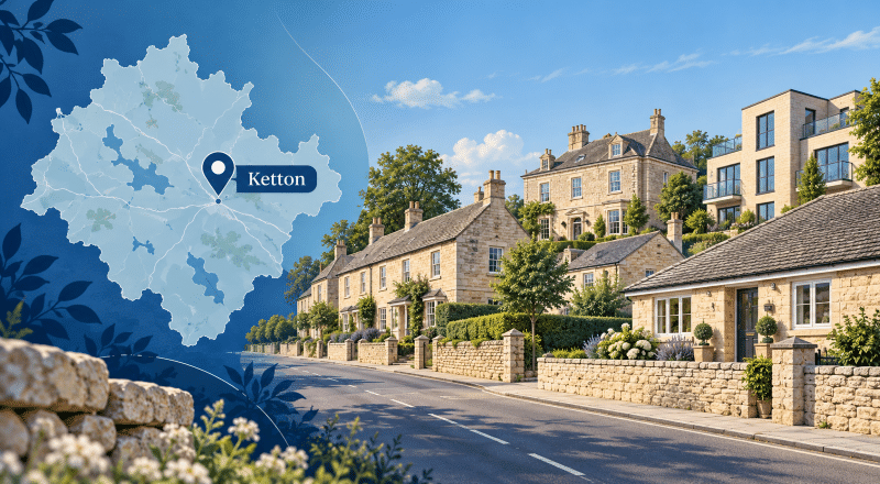 Mortgage Broker in Ketton with Rutland map location pin, Ketton limestone homes and a varied village property street scene.