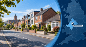 Mortgage Broker in Kidderminster hero image showing a varied residential street, local landmark, and Kidderminster map location pin in Connect Experts brand colours.