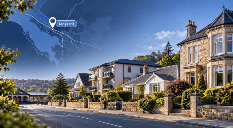 Mortgage Broker in Langbank hero image showing a Langbank map with location pin, a residential street with varied homes, and a local station scene in Renfrewshire.
