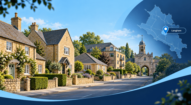 Mortgage Broker in Langham hero image showing a Langham village street with stone homes, varied property types, a local landmark, and a map pin marking Langham in Rutland.