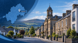 Mortgage Broker in Langholm hero image showing a quiet Langholm streetscape with traditional homes, a civic clock-tower landmark, rolling Dumfriesshire hills, and a branded location map with pin.