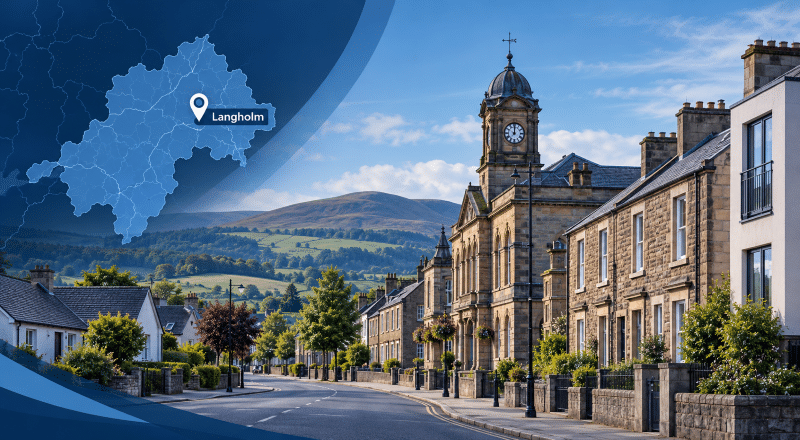 Mortgage Broker in Langholm hero image showing a quiet Langholm streetscape with traditional homes, a civic clock-tower landmark, rolling Dumfriesshire hills, and a branded location map with pin.