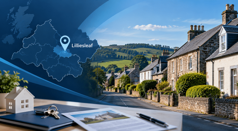 Mortgage Broker in Lilliesleaf hero image showing a traditional Selkirkshire village street, local homes and a map with a location pin marking Lilliesleaf.