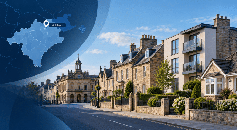 Mortgage Broker in Linlithgow hero image featuring a West Lothian map with a Linlithgow location pin, traditional stone homes, modern apartments and a distinctive Linlithgow streetscape.