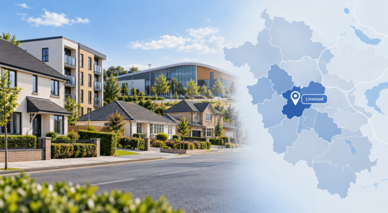 Mortgage Broker in Linwood hero image showing a Linwood street scene with varied homes, a modern local landmark, and a highlighted map pin marking Linwood in Renfrewshire.