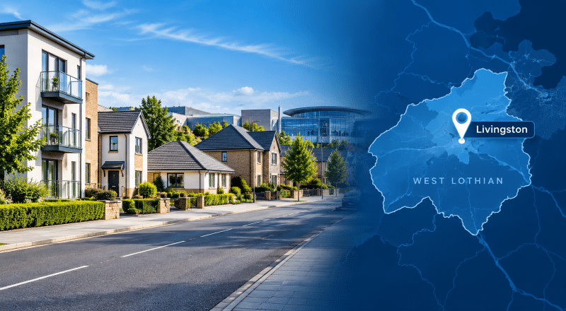 Mortgage Broker in Livingston hero image featuring a modern West Lothian residential street, varied local property styles, and a map graphic highlighting Livingston with a location pin.