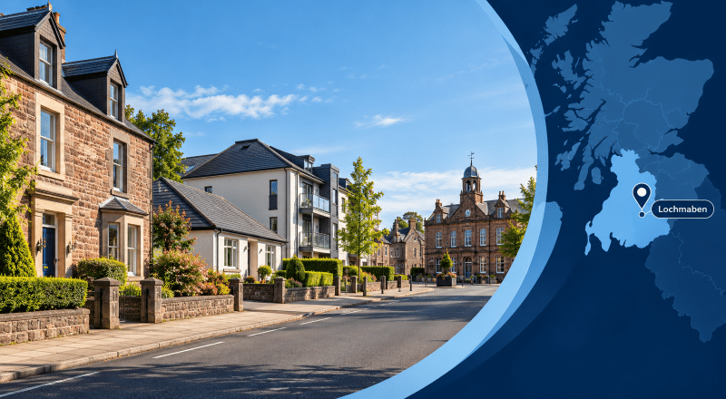 Mortgage Broker in Lochmaben hero image showing a quiet Dumfriesshire street with traditional and modern homes, a local civic landmark and a branded map with a Lochmaben location pin.