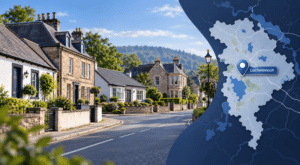 Mortgage Broker in Lochwinnoch hero image showing a Lochwinnoch street scene with mixed property styles, a location pin, and a map of Lochwinnoch in Renfrewshire.