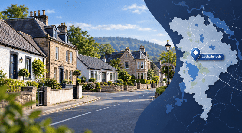 Mortgage Broker in Lochwinnoch hero image showing a Lochwinnoch street scene with mixed property styles, a location pin, and a map of Lochwinnoch in Renfrewshire.