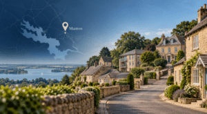 Mortgage Broker in Manton, Rutland, with location map, Manton pin, traditional stone homes and views towards Rutland Water.