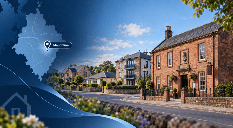 Mortgage Broker in Mauchline hero image showing a Mauchline location map pin, a stylised Ayrshire map, and a streetscape with varied homes and the historic Burns House Museum in branded blue tones.