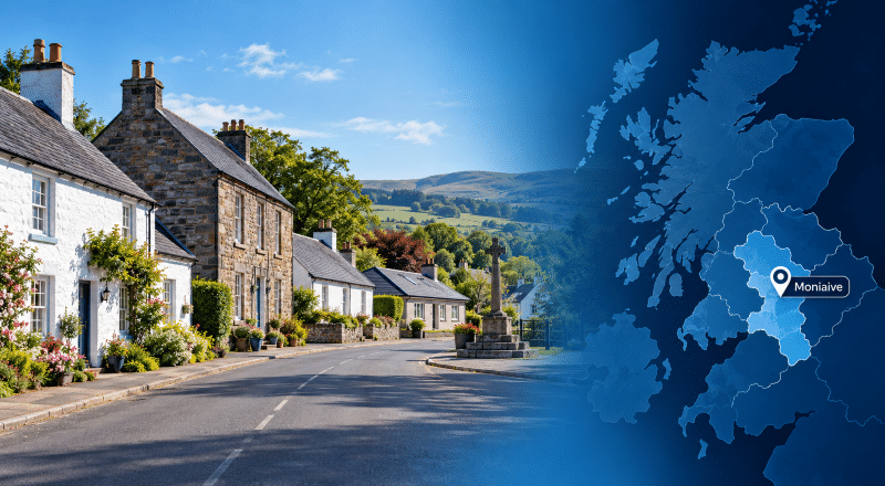 Mortgage Broker in Moniaive hero image showing traditional village homes, rolling Dumfriesshire countryside, a local village cross, and a branded map with a Moniaive location pin.