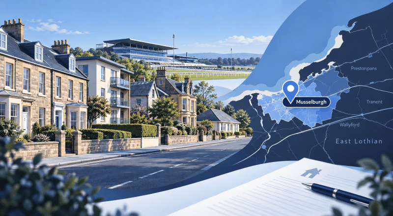 Mortgage Broker in Musselburgh with local homes, location map and East Lothian landmark illustration