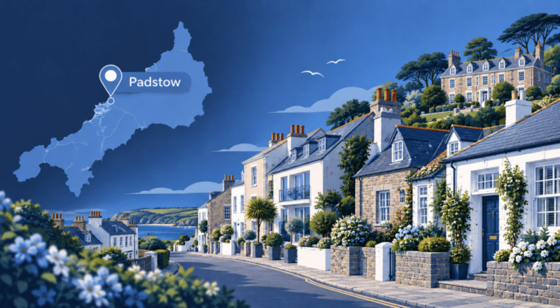 Mortgage Broker in Padstow with Cornwall map, Padstow location pin and a traditional Cornish residential street.