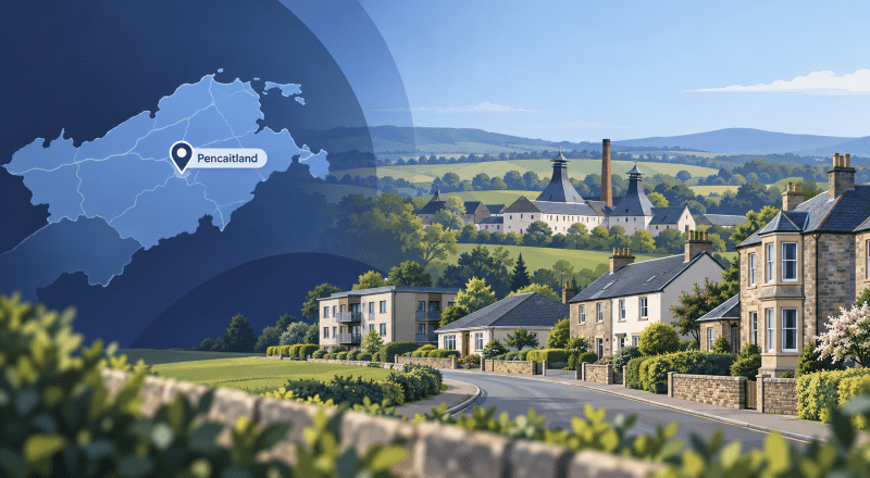 Mortgage Broker in Pencaitland with local East Lothian homes, a location map and Glenkinchie Distillery in the background.