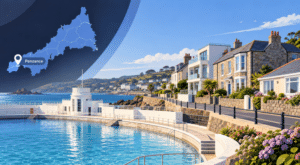 Mortgage Broker in Penzance with Cornwall map, location pin, Jubilee Pool and coastal homes.