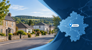Mortgage Broker in Polbeth hero image featuring a West Lothian residential street with varied local homes, green surroundings, and a branded map graphic highlighting Polbeth.
