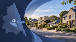 Mortgage Broker in Ponteland NE20 hero image showing a map pin over Ponteland in Northumberland beside a quiet residential street with a mix of stone homes, flats and landscaped property.