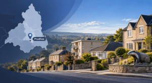 Mortgage Broker in Prudhoe hero image showing a stylised map pin for Prudhoe in Northumberland, with a local streetscape featuring varied property types and a recognisable Prudhoe landmark.