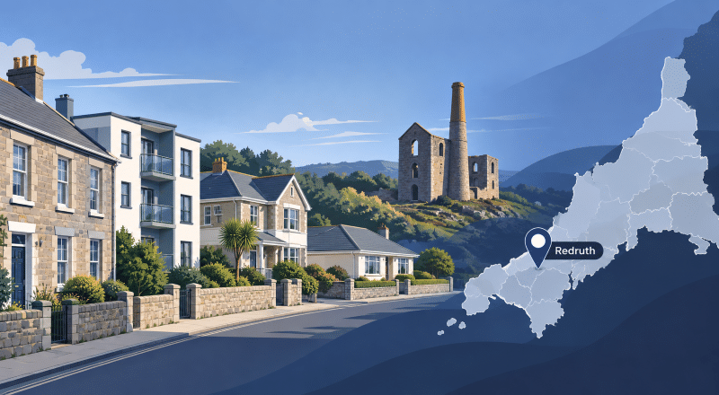 Mortgage Broker in Redruth hero image showing a Redruth street scene with varied property types, Cornwall map, location pin, and mining heritage landmark in branded blue tones