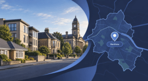 Mortgage Broker in Renfrew hero image showing a Renfrew street scene with mixed property types, a local landmark, and a map pin marking Renfrew in Renfrewshire.