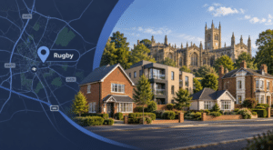 Mortgage Broker in Rugby location map with a mix of local Warwickshire homes and a Rugby landmark.