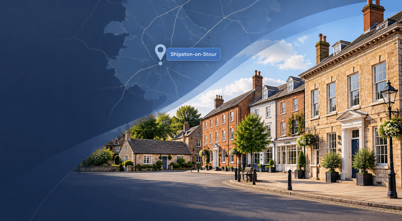 Mortgage Broker in Shipston-on-Stour hero image showing a map of Shipston-on-Stour with a location pin and a quiet Warwickshire street scene with mixed residential properties in dark blue and light blue branded styling.