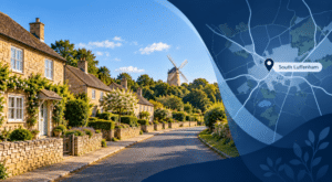 Mortgage Broker in South Luffenham, Rutland, with village homes, local windmill and South Luffenham map marker.