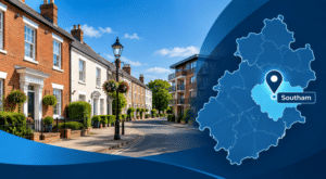 Mortgage Broker in Southam hero image showing Warwickshire-style homes, a Southam location pin and local map in Connect Experts blue branding.