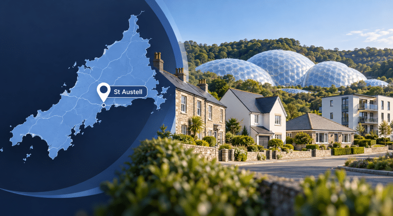 Mortgage Broker in St Austell hero image showing a map marker for St Austell, Cornwall, with local homes and the Eden Project in the background.