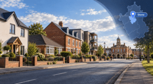 Mortgage Broker in Stone hero image showing a Staffordshire street with mixed residential property types, a local town-centre landmark, and a Stone location pin on a Staffordshire map.