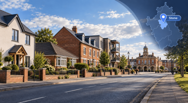 Mortgage Broker in Stone hero image showing a Staffordshire street with mixed residential property types, a local town-centre landmark, and a Stone location pin on a Staffordshire map.