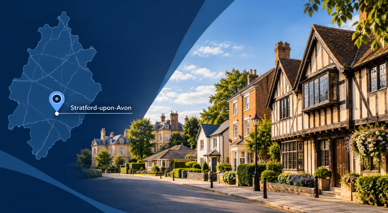Mortgage Broker in Stratford-upon-Avon hero image showing a stylised Warwickshire map with a location pin for Stratford-upon-Avon beside a street scene featuring varied local properties, including timber-framed homes, townhouses and larger residences, in Connect brand blue tones.