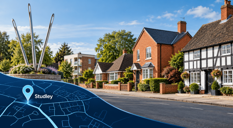 Mortgage Broker in Studley location map with Studley pin and a Warwickshire residential street featuring varied homes