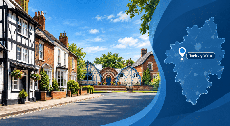 Mortgage Broker in Tenbury Wells hero image featuring a traditional local street, Tenbury Wells Pump Rooms and a location map with pin.