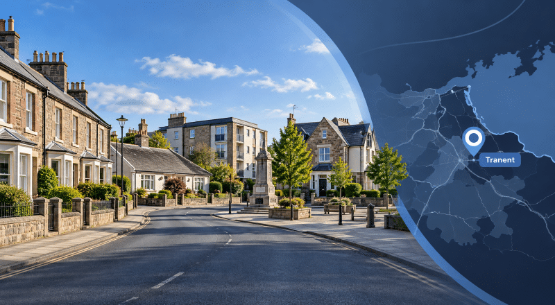 Mortgage Broker in Tranent with East Lothian streetscape, local homes and Tranent location map pin.