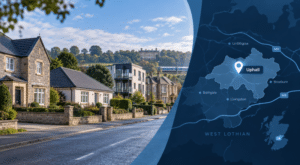 Mortgage Broker in Uphall hero image showing a West Lothian residential streetscape with varied local property types, rail connectivity and a location map highlighting Uphall.